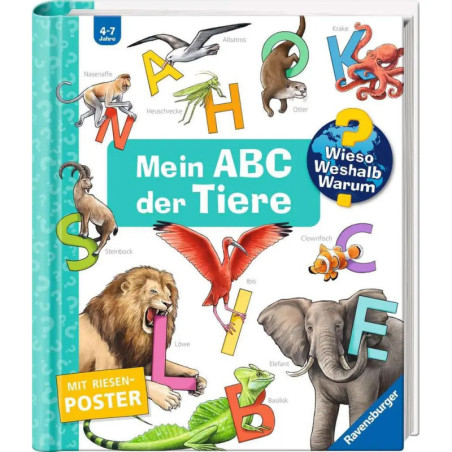 Tierisches Alphabet-Buchcover mit bunten Buchstaben und Tier-Illustrationen, Titel auf Deutsch.