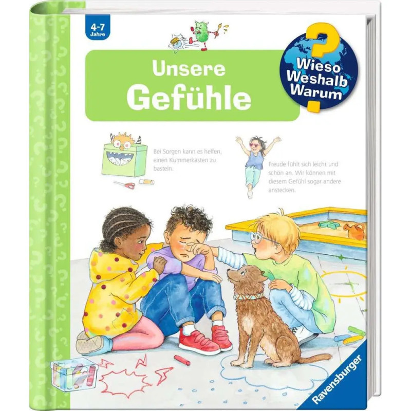 Drei Kinder und ein Hund sitzen zusammen, eines traurig, die anderen trösten und malen mit Buntstiften.