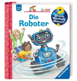 Kinder winken einem blauen Roboter auf dem Cover des deutschen Kinderbuchs Die Roboter zu.