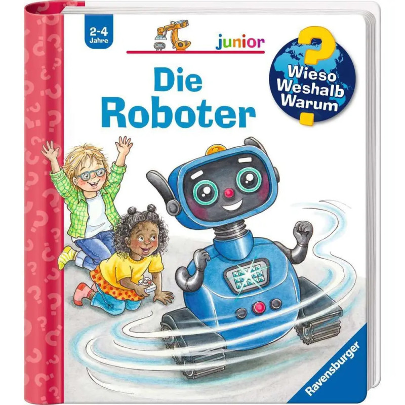 Kinder winken einem blauen Roboter auf dem Cover des deutschen Kinderbuchs Die Roboter zu.