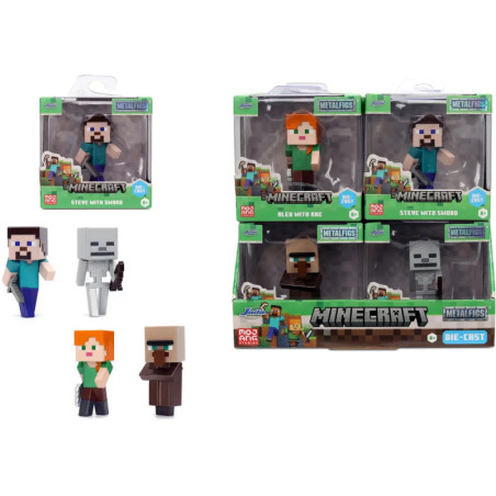 Minecraft-Spielfiguren von Steve, Alex, Skelett und Dorfbewohner, teils in Verpackung, teils ausgepackt.