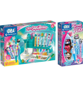 Zwei bunte Bastelsets zum Verzieren von Stiften mit Dekos und Anhängern in auffälligen Boxen.