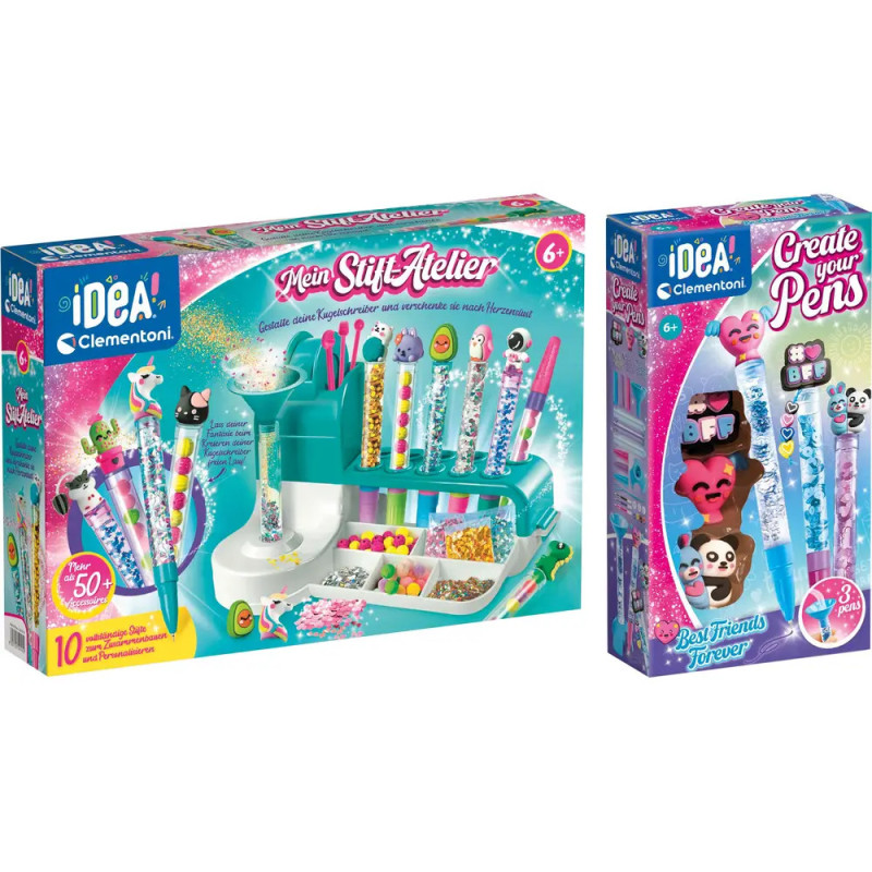 Zwei bunte Bastelsets zum Verzieren von Stiften mit Dekos und Anhängern in auffälligen Boxen.