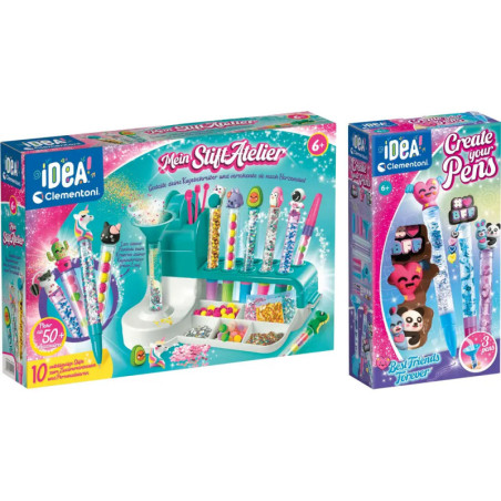 Zwei bunte Bastelsets zum Verzieren von Stiften mit Dekos und Anhängern in auffälligen Boxen.