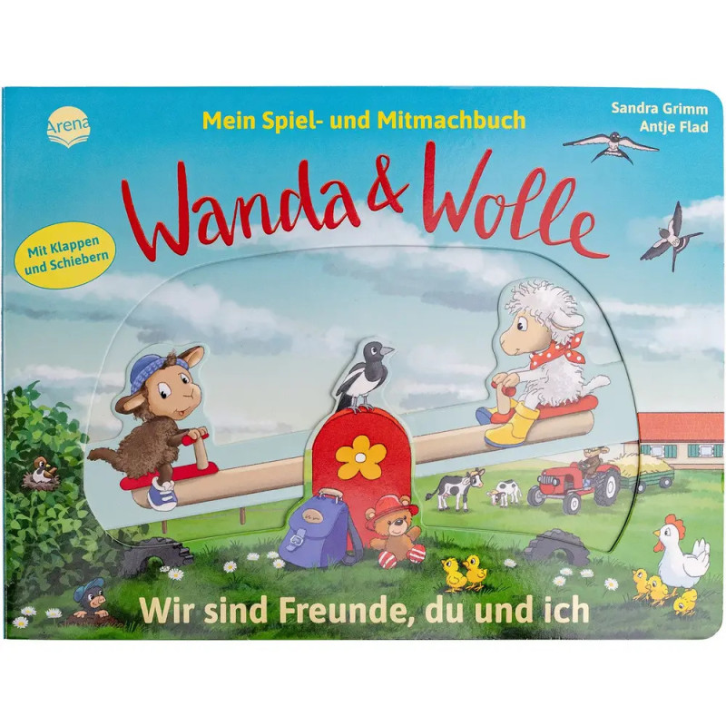 Zwei gezeichnete Schafe wippen auf einem Bauernhof, umgeben von weiteren Tieren und einem Traktor.