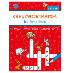 Deutsches Kreuzworträtselbuch für die 1. Klasse mit Tierillustrationen, Titel: Kreuzworträtsel.