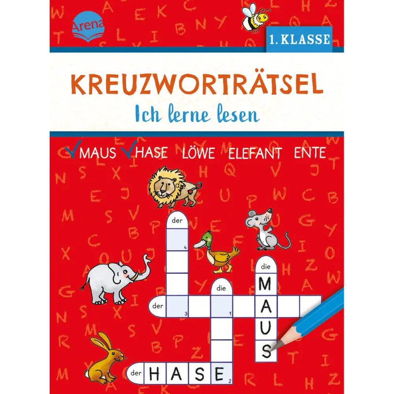 Deutsches Kreuzworträtselbuch für die 1. Klasse mit Tierillustrationen, Titel: Kreuzworträtsel.