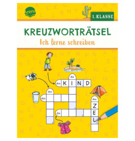 Cover eines deutschen Kreuzworträtselhefts für die 1. Klasse mit Abbildungen von Objekten und Kindern.
