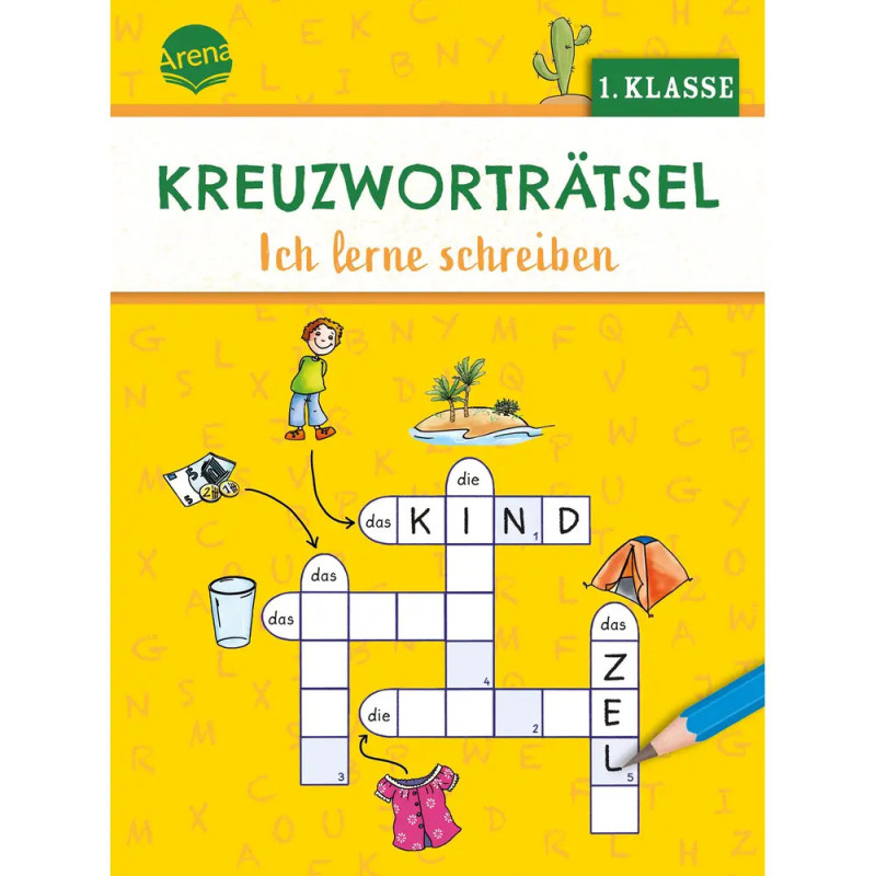 Cover eines deutschen Kreuzworträtselhefts für die 1. Klasse mit Abbildungen von Objekten und Kindern.