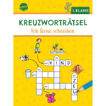 Cover eines deutschen Kreuzworträtselhefts für die 1. Klasse mit Abbildungen von Objekten und Kindern.