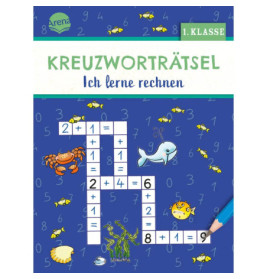 Buntes Mathe-Kreuzworträtsel mit Meerestieren und Zahlen. Hintergrund blau, Text auf Deutsch.