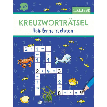 Buntes Mathe-Kreuzworträtsel mit Meerestieren und Zahlen. Hintergrund blau, Text auf Deutsch.