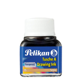 Pelikan Tusche A Zeichentusche Sepia, weiße Kappe, blaues Etikett.