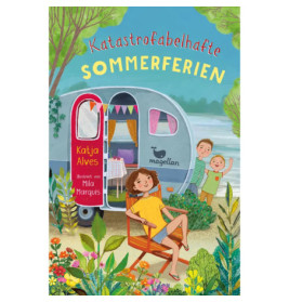 Illustration: Ein Mädchen entspannt am Wohnwagen, zwei Kinder winken. Text: Katastofabelhafte Sommerferien.