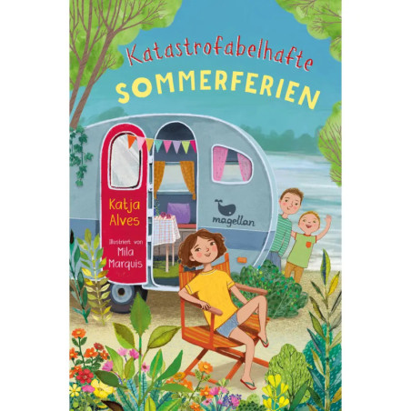 Illustration: Ein Mädchen entspannt am Wohnwagen, zwei Kinder winken. Text: Katastofabelhafte Sommerferien.