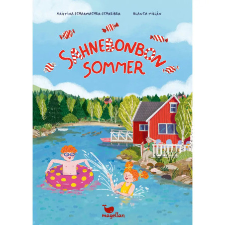 Zwei Kinder spielen an einem See bei einem roten Haus am Himmel sind Bonbons und Sahnebonbon Sommer zu sehen.