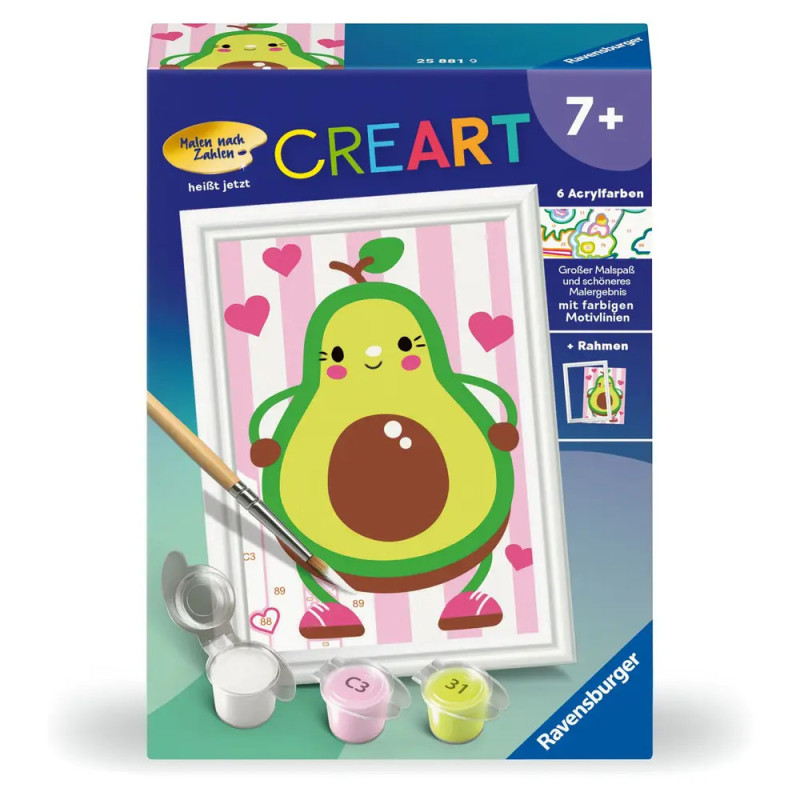 Malkasten mit Avocado-Motiv, kleinen Farbtöpfchen und Pinsel. Geeignet ab 7 Jahren.