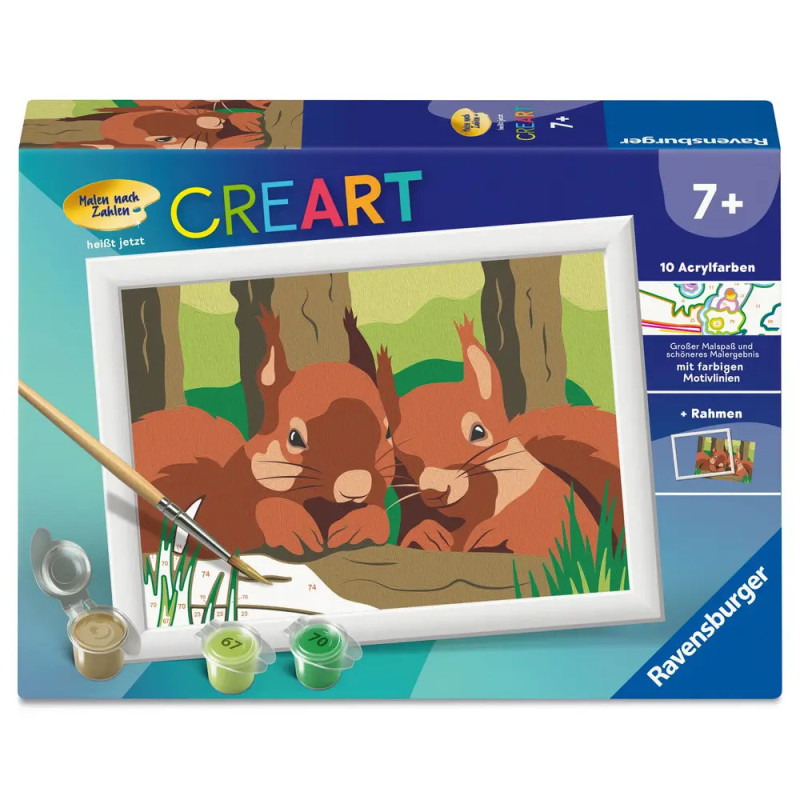 Malset mit zwei Eichhörnchen, Farben, Pinseln und Rahmen, geeignet für Kinder ab 7 Jahren.