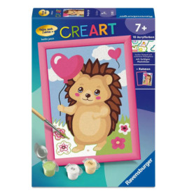 Malkasten mit Igel-Comic, Herzluftballon und Farbtöpfen, geeignet ab 7 Jahren.