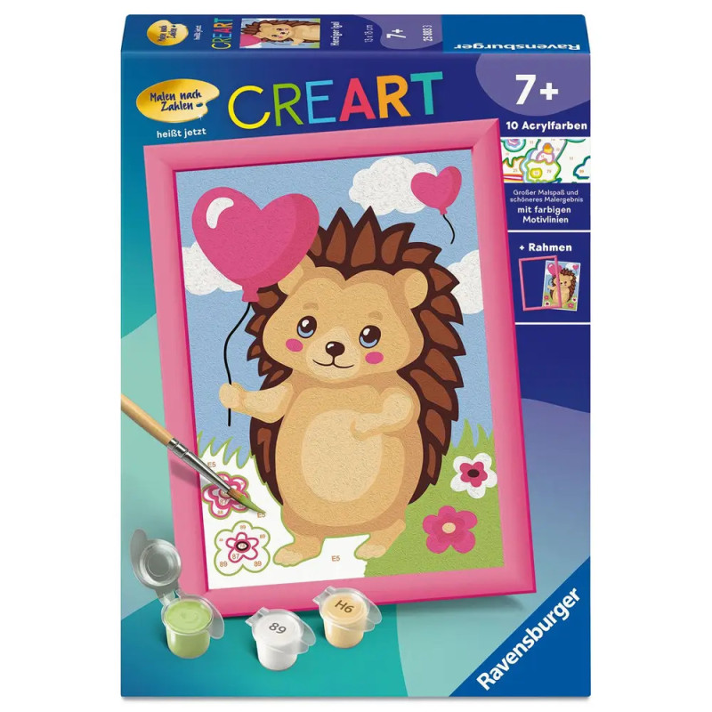 Malkasten mit Igel-Comic, Herzluftballon und Farbtöpfen, geeignet ab 7 Jahren.