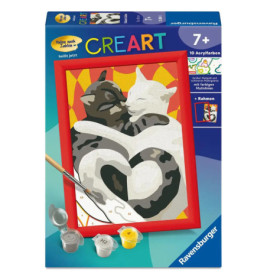 Malset mit zwei herzförmig kuschelnden Katzen, enthaltene Farben und Pinsel sind abgebildet.