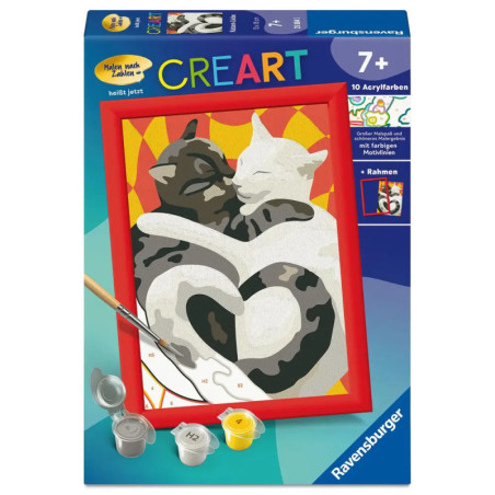 Malset mit zwei herzförmig kuschelnden Katzen, enthaltene Farben und Pinsel sind abgebildet.