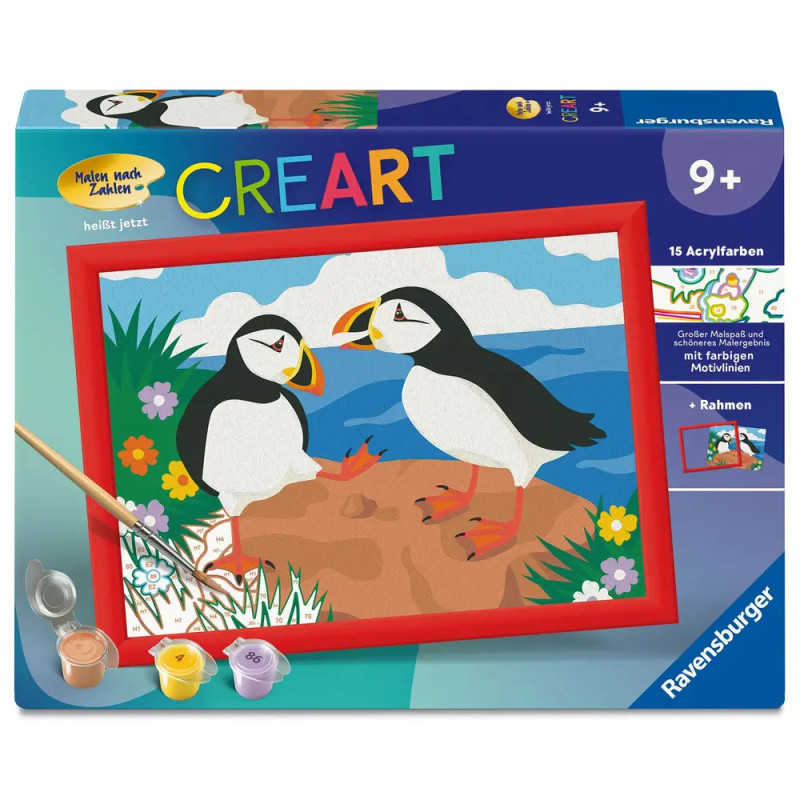Malen-nach-Zahlen-Set mit zwei Papageitauchern, Farben, Pinsel und Rahmen, ab 9 Jahren.