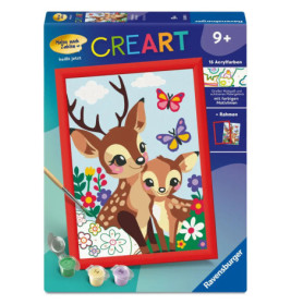 Malen-nach-Zahlen-Set mit zwei Rehcartoons, Blumen und Schmetterlingen, ab 9 Jahren.