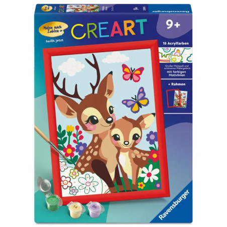 Malen-nach-Zahlen-Set mit zwei Rehcartoons, Blumen und Schmetterlingen, ab 9 Jahren.