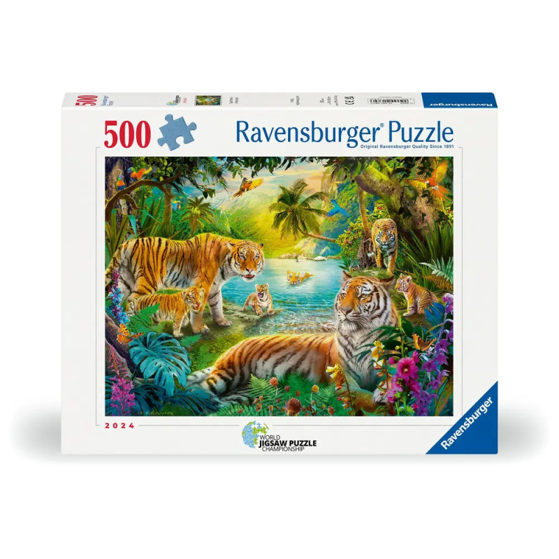 Ravensburger Puzzle, 500 Teile, buntes Dschungelmotiv mit sechs Tigern am Fluss.