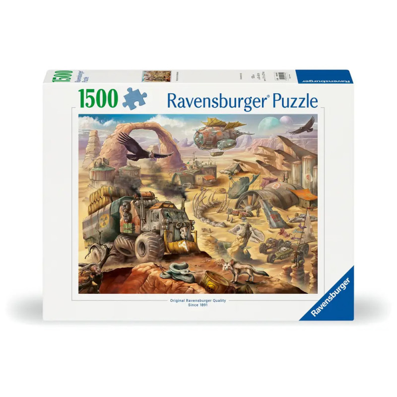 Ravensburger Puzzle, 1500 Teile: Detailreiche prähistorische Landschaft mit Dinos und Fahrzeugen.