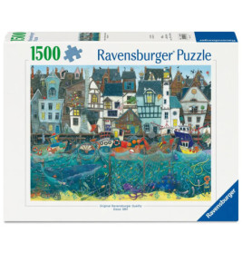 Ravensburger Puzzle, 1500 Teile, mit bunter, fantasievoller Hafenstadt-Illustration auf der Box.