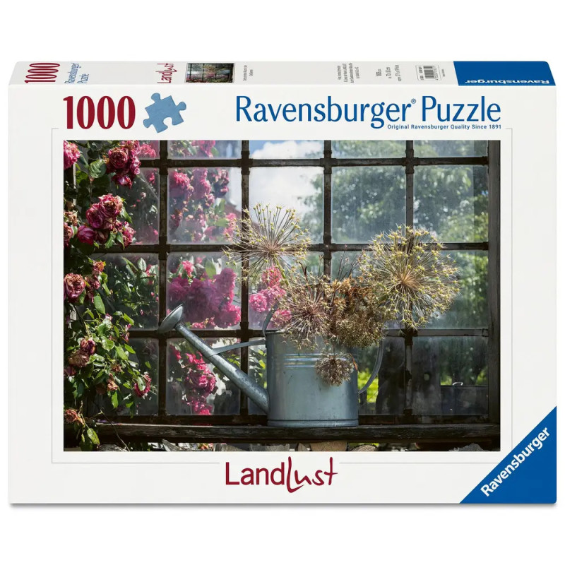 1000-Teile Ravensburger Puzzle mit Gartenszene, Blumen und Gießkanne am Fenster.