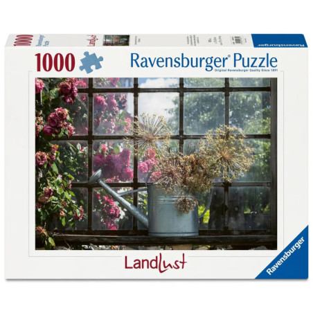 1000-Teile Ravensburger Puzzle mit Gartenszene, Blumen und Gießkanne am Fenster.