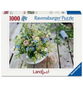 Ravensburger Puzzle, 1000 Teile: Blumenarrangement in weißer Schale auf rustikalem Tisch.