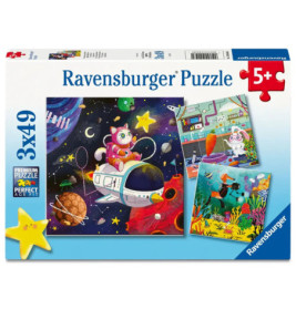 Ravensburger Puzzle-Box mit drei bunten Weltraum- und Tierpuzzles ab 5 Jahren.