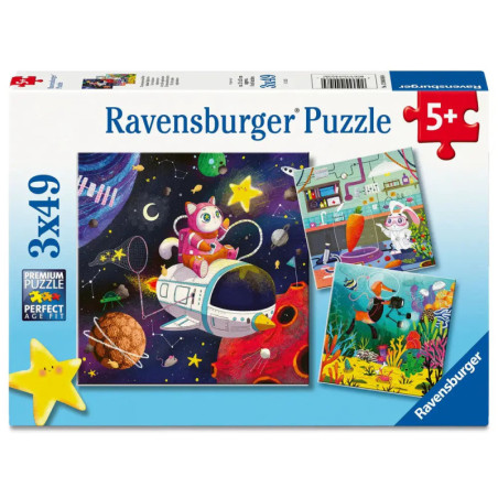 Ravensburger Puzzle-Box mit drei bunten Weltraum- und Tierpuzzles ab 5 Jahren.
