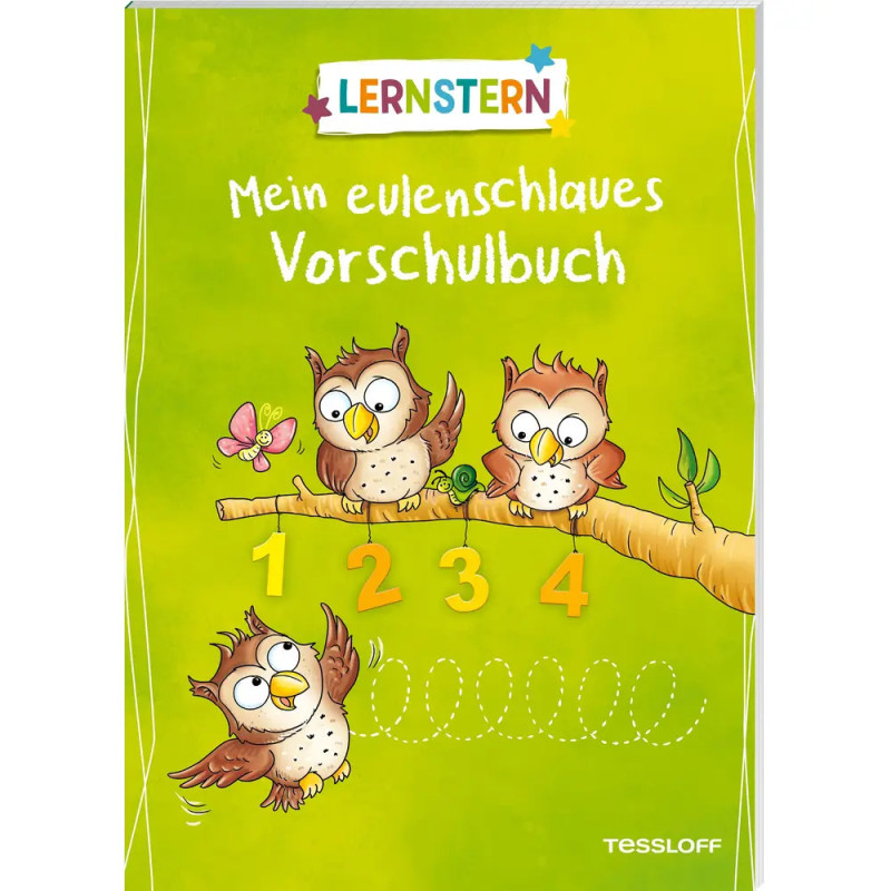 Drei Eulen mit Zahlen 1-4 auf grünem Hintergrund Umschlag eines deutschen Vorschulbuchs.