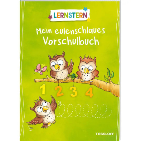 Drei Eulen mit Zahlen 1-4 auf grünem Hintergrund Umschlag eines deutschen Vorschulbuchs.