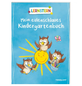 Drei Comic-Eulen und eine lachende Sonne auf blauem Cover mit Titel Mein eulenschlaues Kindergartenbuch.