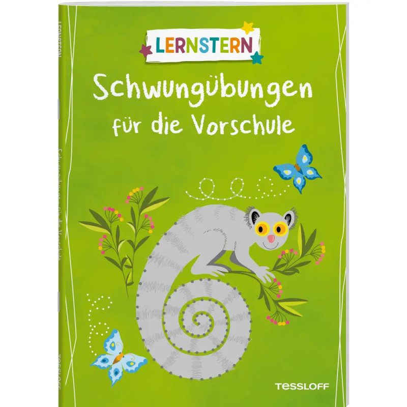 Grünes Heftcover mit lächelndem Lemur, Blumen, Schmetterlingen und Titel Schwungübungen für die Vorschule.