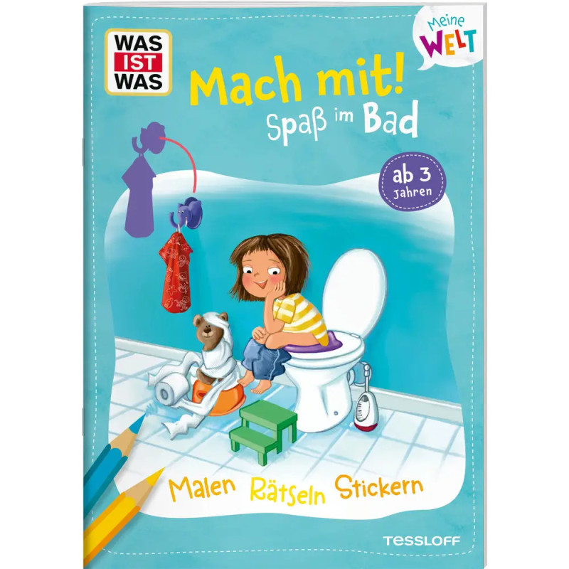 Buchcover: Ein Mädchen und ein Hund sitzen auf Toiletten im Bad. Titel: Mach mit! Spaß im Bad.