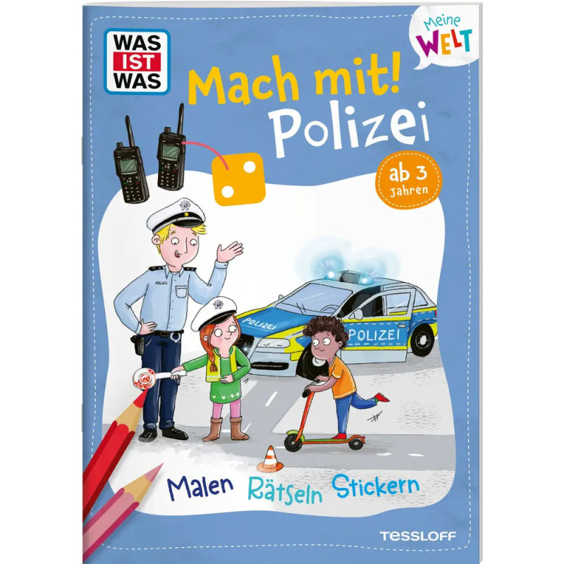Illustrierter Polizei-Malbuchumschlag mit Polizisten, Kindern, Polizeiauto und Zeichenutensilien.