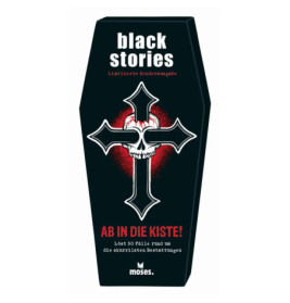 Sargförmige Box mit Totenkopf und Kreuz, Aufschrift black stories auf Deutsch, von moses.