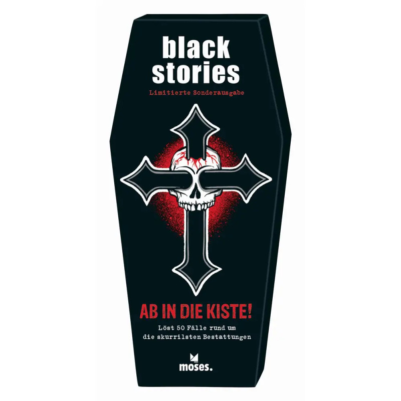 Sargförmige Box mit Totenkopf und Kreuz, Aufschrift black stories auf Deutsch, von moses.