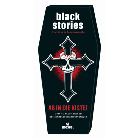Sargförmige Box mit Totenkopf und Kreuz, Aufschrift black stories auf Deutsch, von moses.