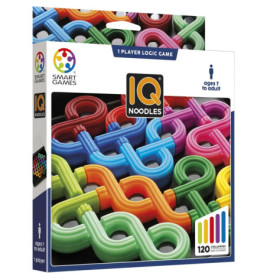 Bunte, nudelförmige Spielsteine in einer IQ Noodles-Box, einem Logikspiel für Kinder und Erwachsene.