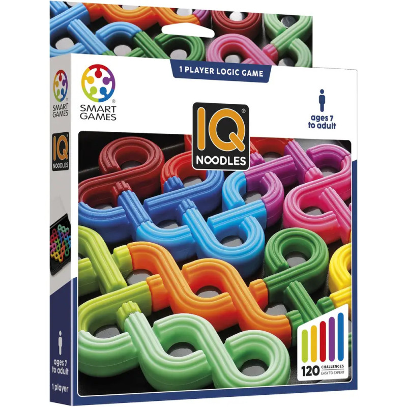 Bunte, nudelförmige Spielsteine in einer IQ Noodles-Box, einem Logikspiel für Kinder und Erwachsene. Bunte, nudelförmige Spielsteine in einer IQ Noodles-Box, einem Logikspiel für Kinder und Erwachsene.