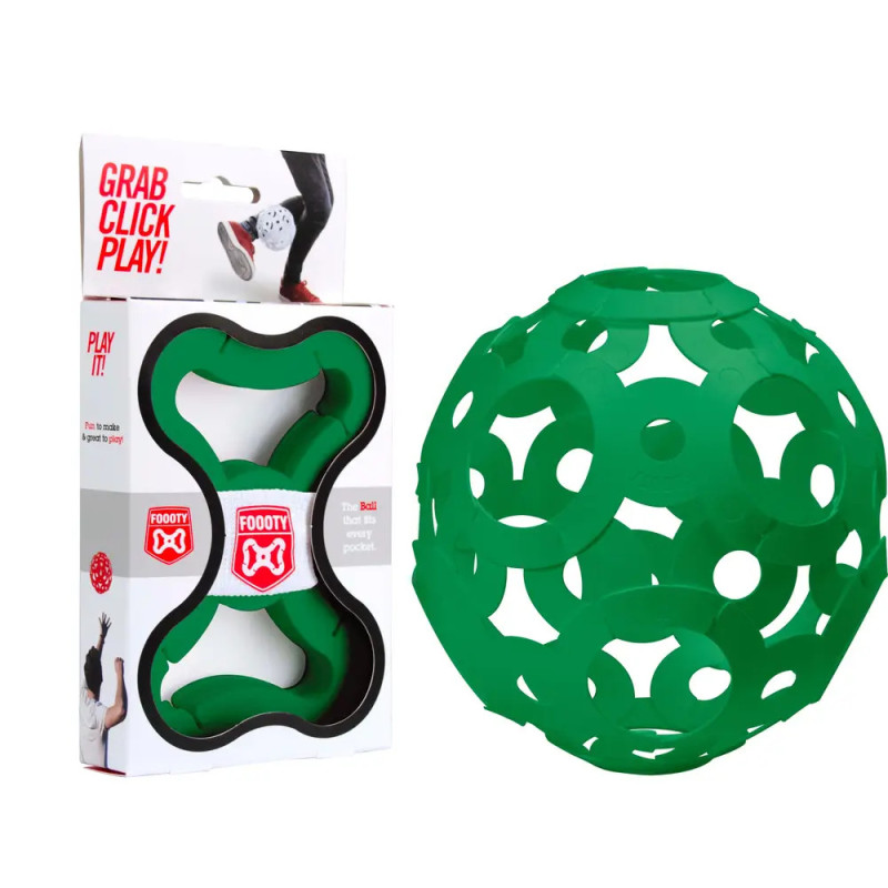 Grüner Gummiball FOOTY mit Verpackung und Anleitung Grab, Click, Play!. Grüner Gummiball FOOTY mit Verpackung und Anleitung Grab, Click, Play!.
