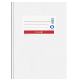 Weißer Heftumschlag mit rot umrandetem Etikett, blauen Linien und Barcode oben rechts.